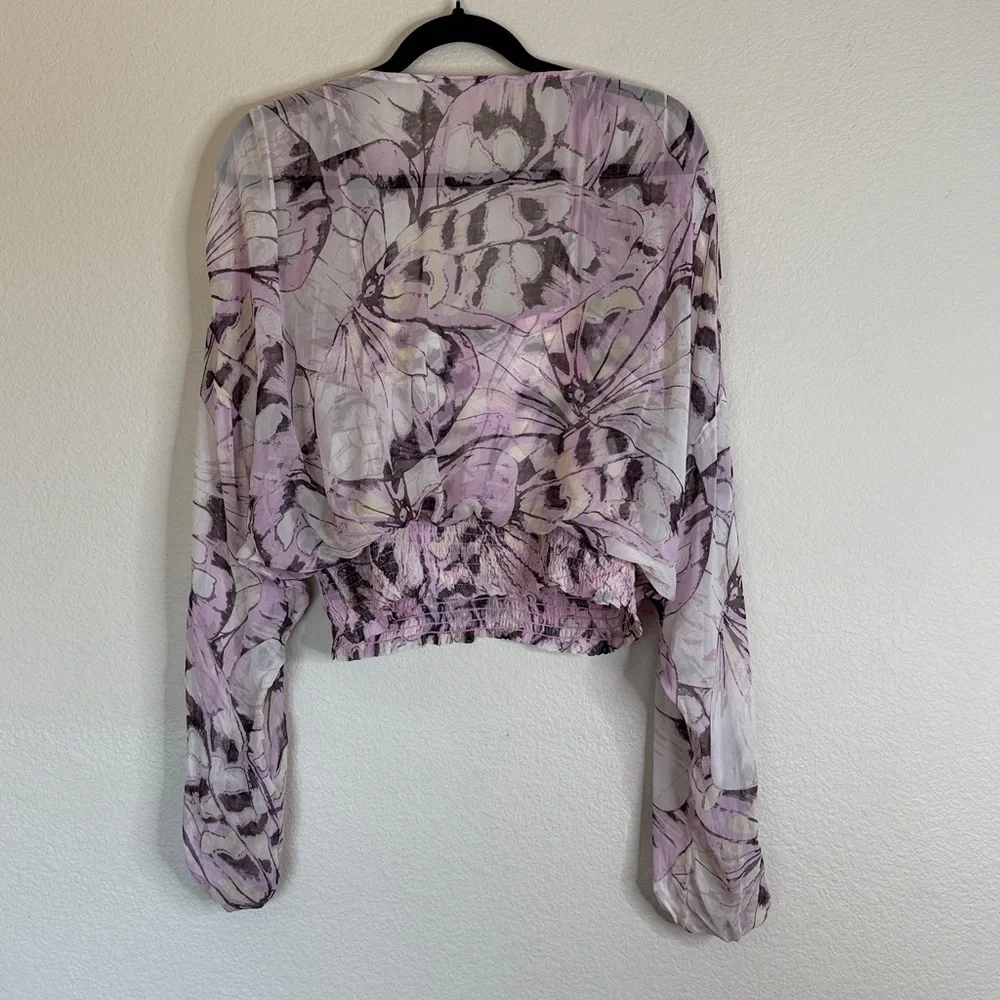 Anthropologie butterfly sheer top long sleeve crop large NWT